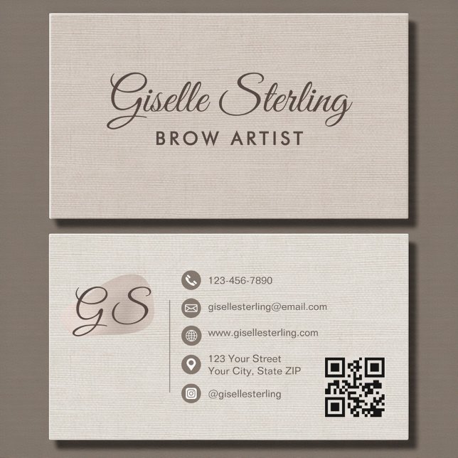 Cartão De Visita Brow Artist Blush Beige Linen Elegant QR Code (Criador carregado)