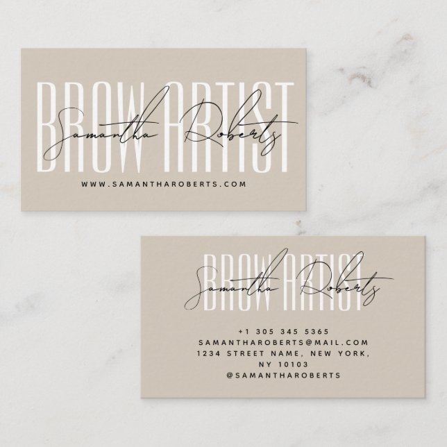 Cartão De Visita Brow artist modern typography script beige (Frente/Verso)