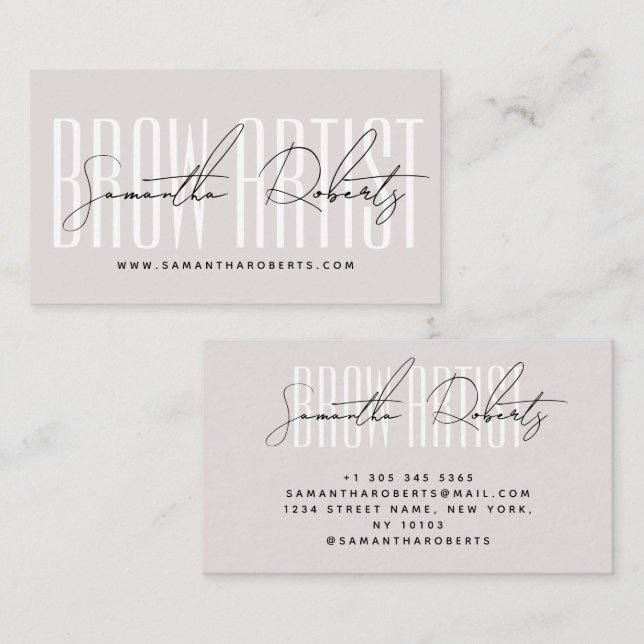 Cartão De Visita Brow artist modern typography script pink pearl (Frente/Verso)