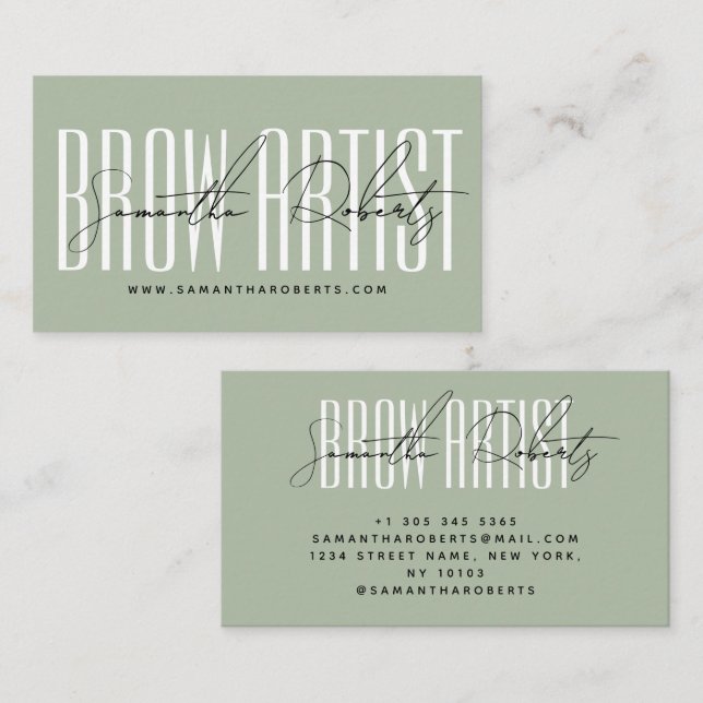 Cartão De Visita Brow artist modern typography script sage green (Frente/Verso)