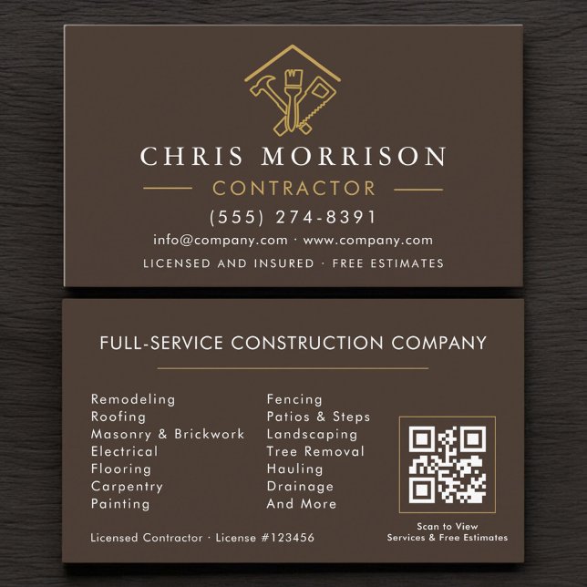 Cartão De Visita Brown Home Repairs Contractor QR Code (Criador carregado)