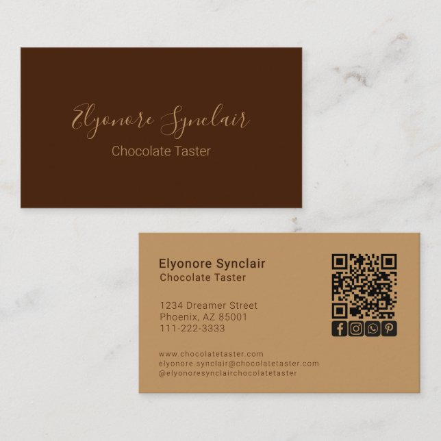 Cartão De Visita Brown Script Social Icon QR Code Chocolate Taster (Frente/Verso)