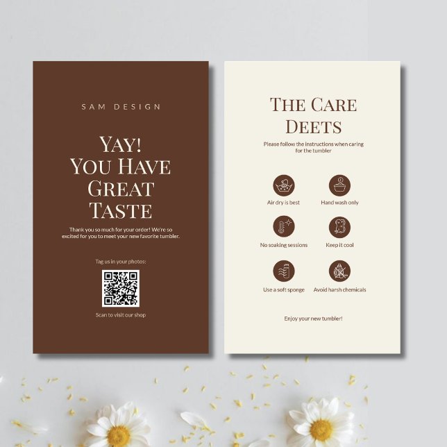 Cartão De Visita Brown Tumbler Care Card Instruction Insert QR Code (Criador carregado)