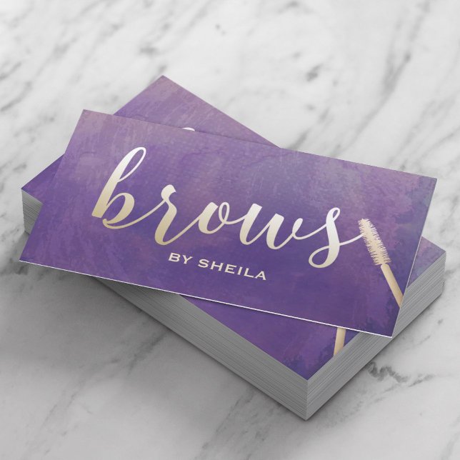 Cartão De Visita Brows Makeup Artista Dourado Script Elegante Roxo (Criador carregado)