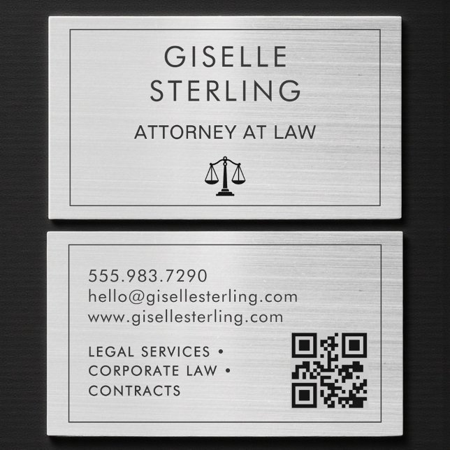 Cartão De Visita Brushed Metal Lawyer Attorney at Law QR Code  (Criador carregado)