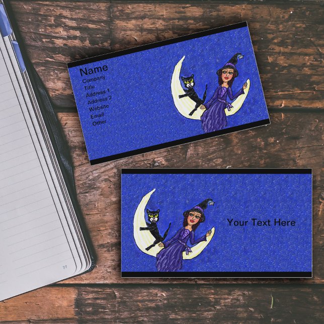 Cartão De Visita Bruxa Sobre o Gato Preto Crescente (Witch in purple dress on crescent moon with black cat in blue star studded sky on business cards.)