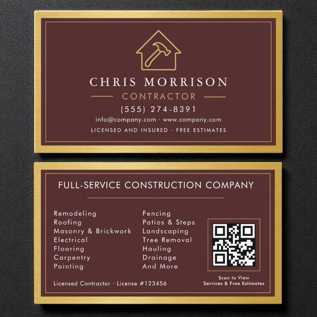 Cartão De Visita Building Construction Burgundy Gold Metal QR Code (Criador carregado)