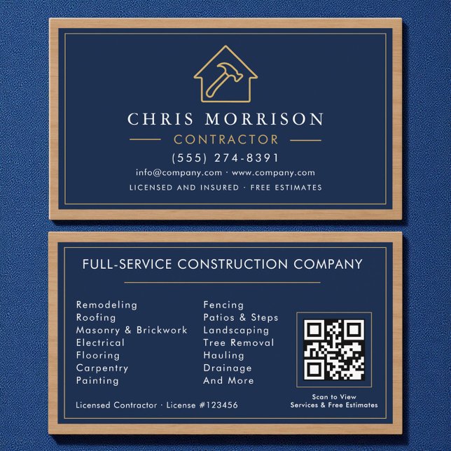 Cartão De Visita Building Construction Navy Blue Gold Wood QR Code (Criador carregado)