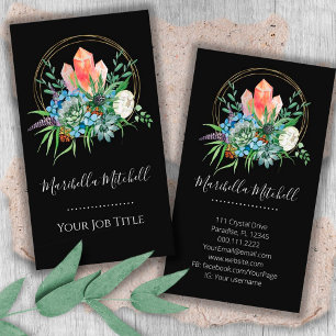Cartão De Visita Buquê De Flores De Suculentas Boho Cristais Aquare
