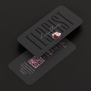 Cartão De Visita Buquê de Florista Boho Rosa Preto Estética Minimal