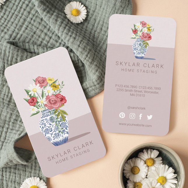 Cartão De Visita Buquê de Vaso Azul e Branco Cerâmico, Armazenament (Blue & White Ceramic Vase Bouquet, Home Staging Business Card)