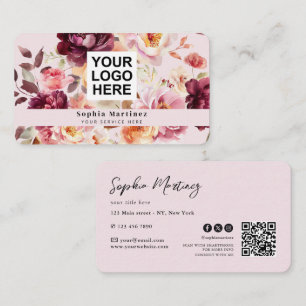 Cartão De Visita Buquê Floral Aquarela Burgundy & Logotipo Código Q