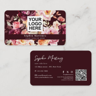 Cartão De Visita Buquê Floral Aquarela Burgundy & Logotipo Código Q