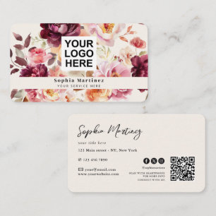Cartão De Visita Buquê Floral em Aquarela Burgundy & Logotipo Códig