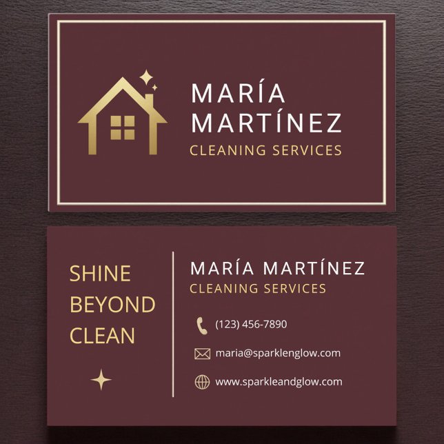 Cartão De Visita Burgundy and Gold House Cleaning Services (Criador carregado)
