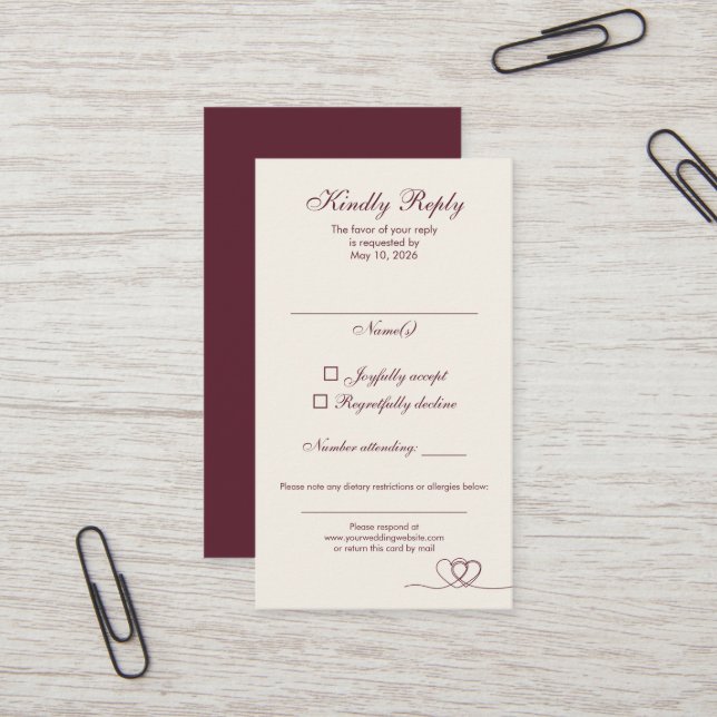 Cartão De Visita Burgundy Elegant Calligraphy Wedding RSVP Card (Frente/Verso In Situ)
