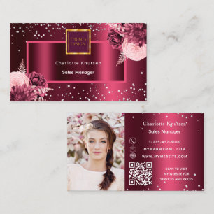 Cartão De Visita Burgundy florals logotipo com foto, código QR