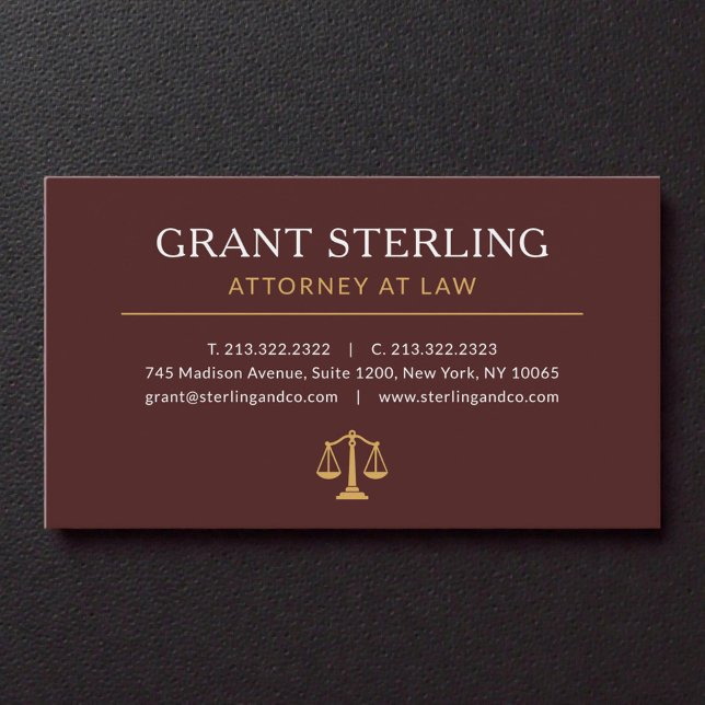 Cartão De Visita Burgundy Gold Lawyer Attorney at Law Luxury (Criador carregado)