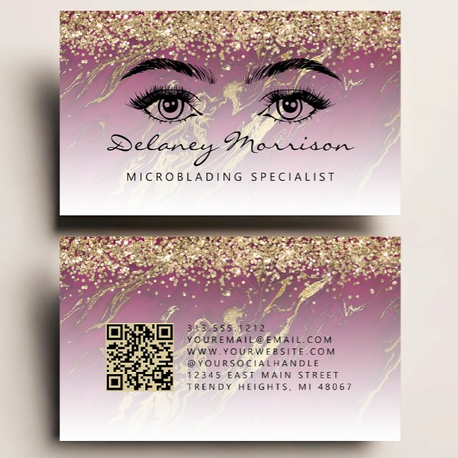 Cartão De Visita Burgundy Gold Marble Eyes QR Code Microblading (Criador carregado)