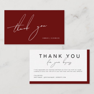 Cartão De Visita Burgundy Handwritten Script Thank You Discount
