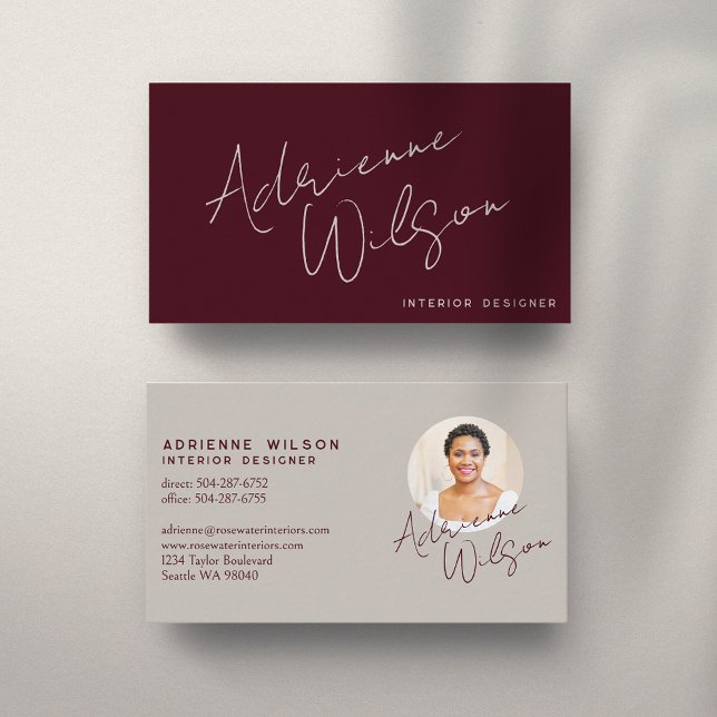 Cartão De Visita Burgundy Modern Elegant Signature Minimalist Photo (Elegant Signature and Photo Business Card in Burgundy)