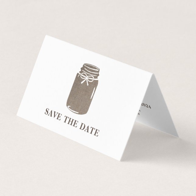 Cartão De Visita Burlap Mason Jar, Photo Save The Date Card (Frente)