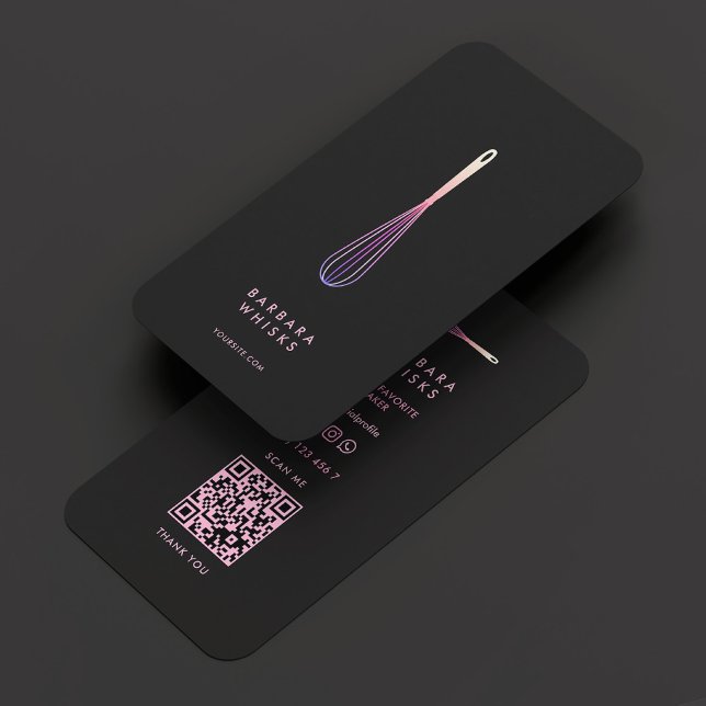Cartão De Visita Burqueiro Moderno de Whisk Rosa Puro Holográfico (Holographic Purple Pink Whisk Modern Baker Business Card
)
