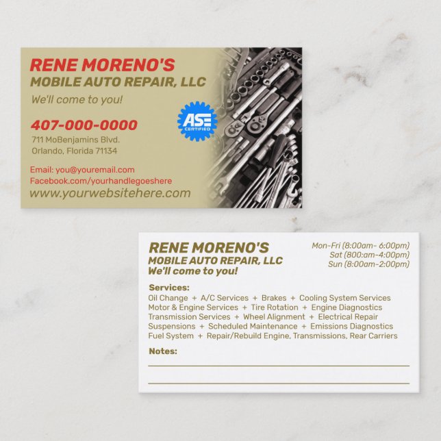 Cartão De Visita Busi lateral Mecânico de reparo de automóveis de 2 (Frente/Verso)