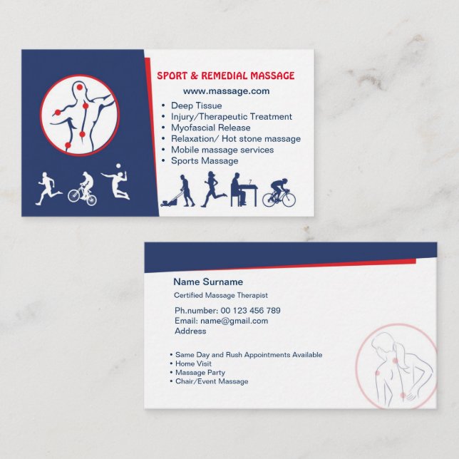 Cartão De Visita business card for SPORT & REMEDIAL MASSAGE (Frente/Verso)