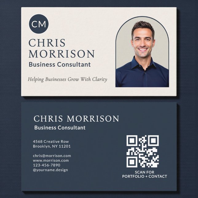 Cartão De Visita Business Consultant Photo QR Code Navy Blue (Criador carregado)