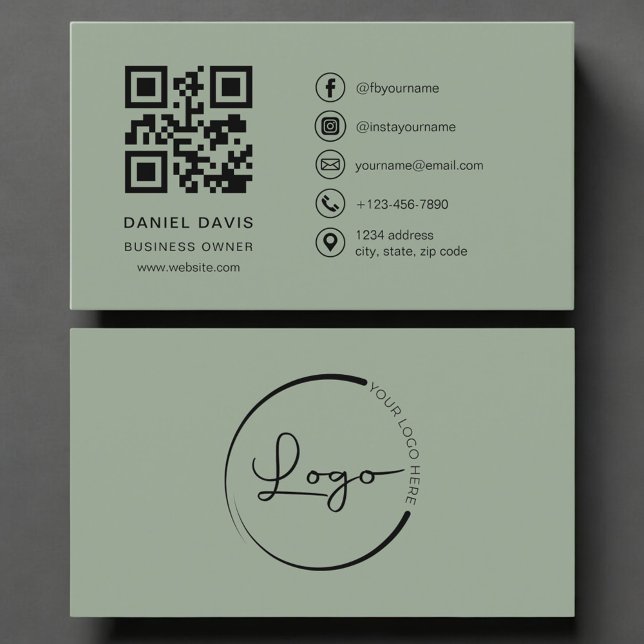 Cartão De Visita Business Owner Sage Green Logo QR Code  (Criador carregado)