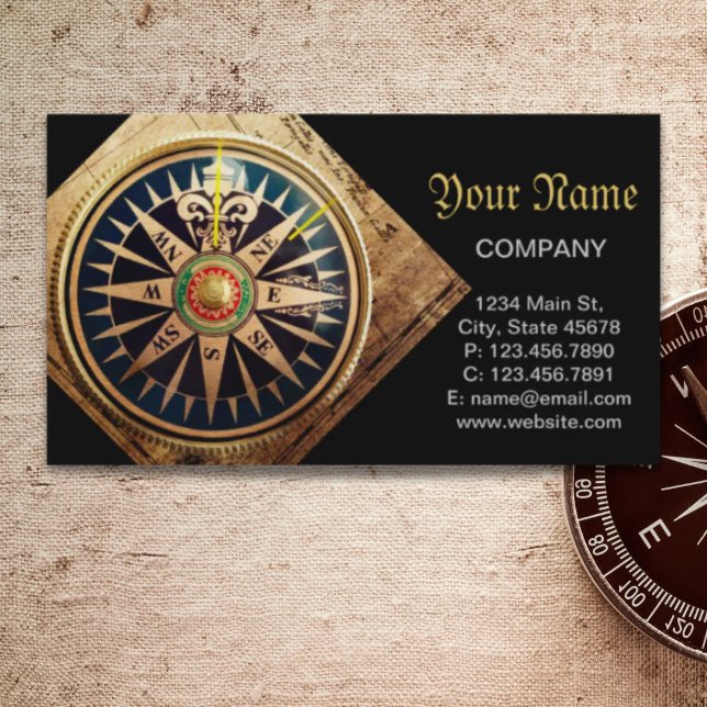 Cartão De Visita bússola náutica de praia costeira (coastal beach nautical antique compass business card)