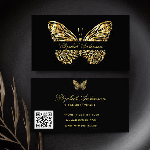 Cartão De Visita Butterfly black gold code QR code elegante script