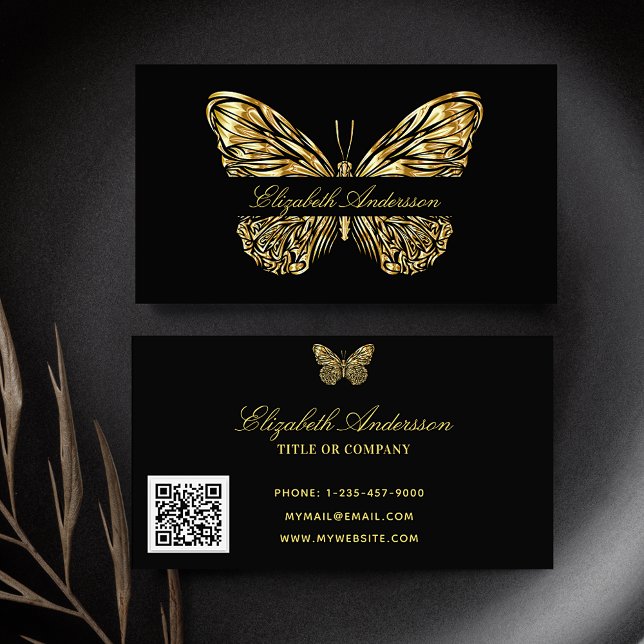 Cartão De Visita Butterfly black gold code QR code elegante script (Criador carregado)