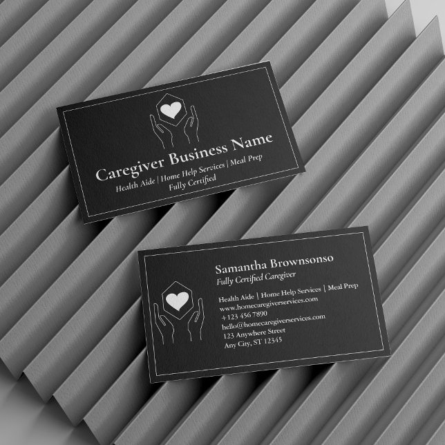 Cartão De Visita Cabeça Branca Negra Coração Mínima de Cuidados (Black White Hand Heart Minimal Caregiver Business Card)