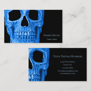 Cartão De Visita Cabeça Caveira Gótica Neon Blue Tatuagem Negra C