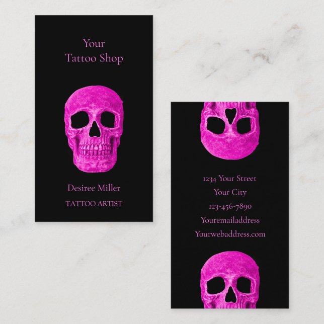 Cartão De Visita Cabeça Caveira Gótica Neon Pink Compro de Tatuagem (Frente/Verso)