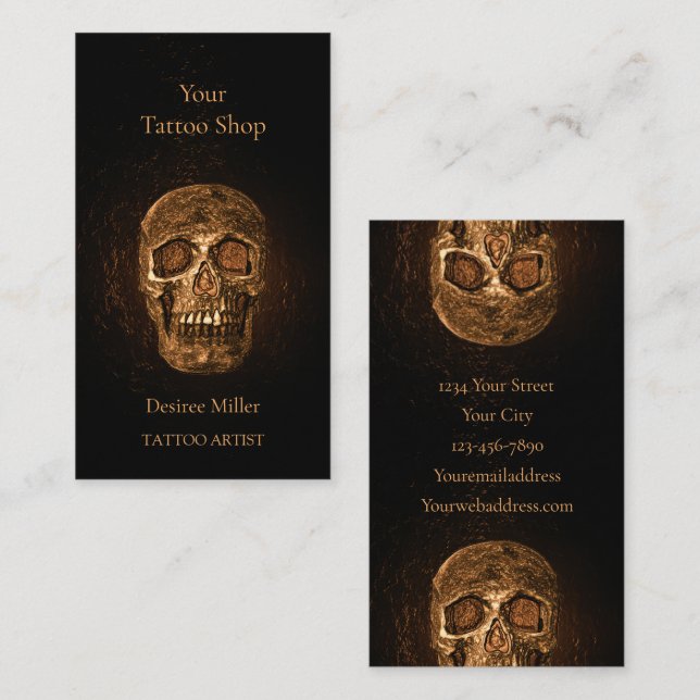 Cartão De Visita Cabeça de Caveira Gótica Compro Dourado de Tatuage (Frente/Verso)