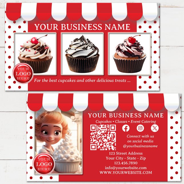 Cartão De Visita Cabeçaria ou Sorvete cupcake (Bakery or ice cream business card featuring your custom images on a fun design in red and white)