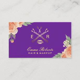 Cartão De Visita Cabeleireiro do maquilhador roxo & ouro floral