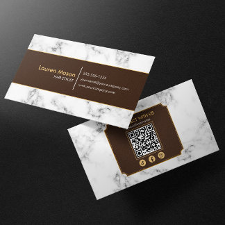 Cartão De Visita Cabeleireiro Elegante Código QR Mármore Marrom Dou