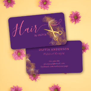 Cartão De Visita Cabeleireiro Elegante Tesoura Dourada Rosa Roxo