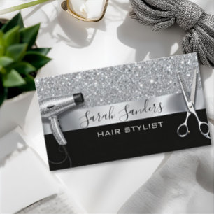 Cartão De Visita Cabeleireiro Glitter Prata e Glamour Preto