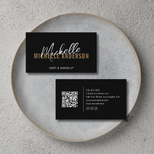 Cartão De Visita Cabeleireiro Moderno Código QR Preto Dourado
