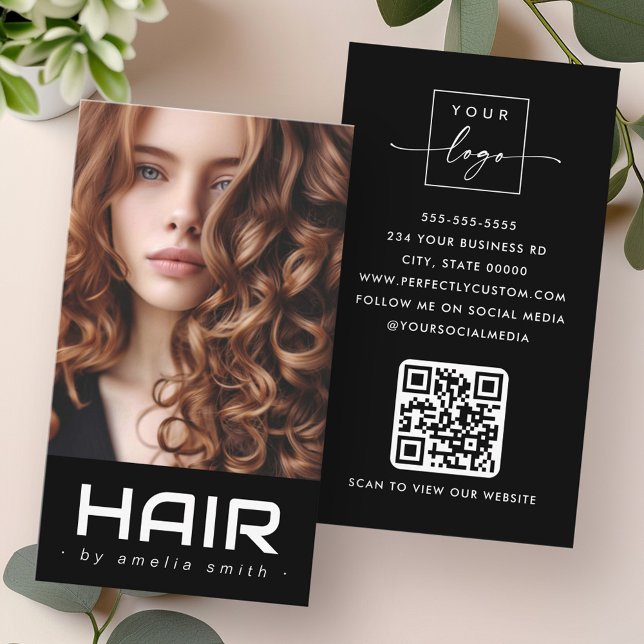 Cartão De Visita Cabeleireiro moderno preto (Modern hair hairdresser stylist black business card)