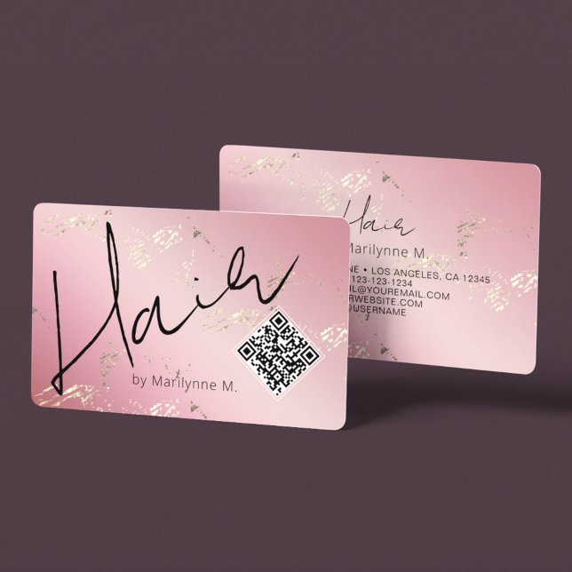 Cartão De Visita Cabeleireiro QR Code Rosa e Dourado (Criador carregado)