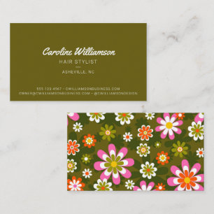 Cartão De Visita Cabeleireiro Retro Groovy Daisy Verde Oliva Rosa
