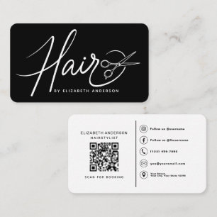 Cartão De Visita Cabelereiro com Código QR Preto Fonte Elegante