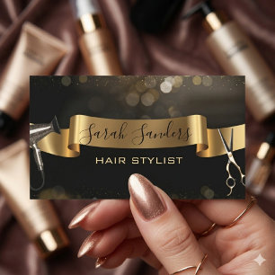 Cartão De Visita Cabelereiro Gold Glitter & Black Glam