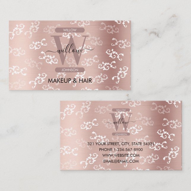 Cartão De Visita Cabelo de Maquiagem do Damask Dourado, Rosa de Vin (Frente/Verso)
